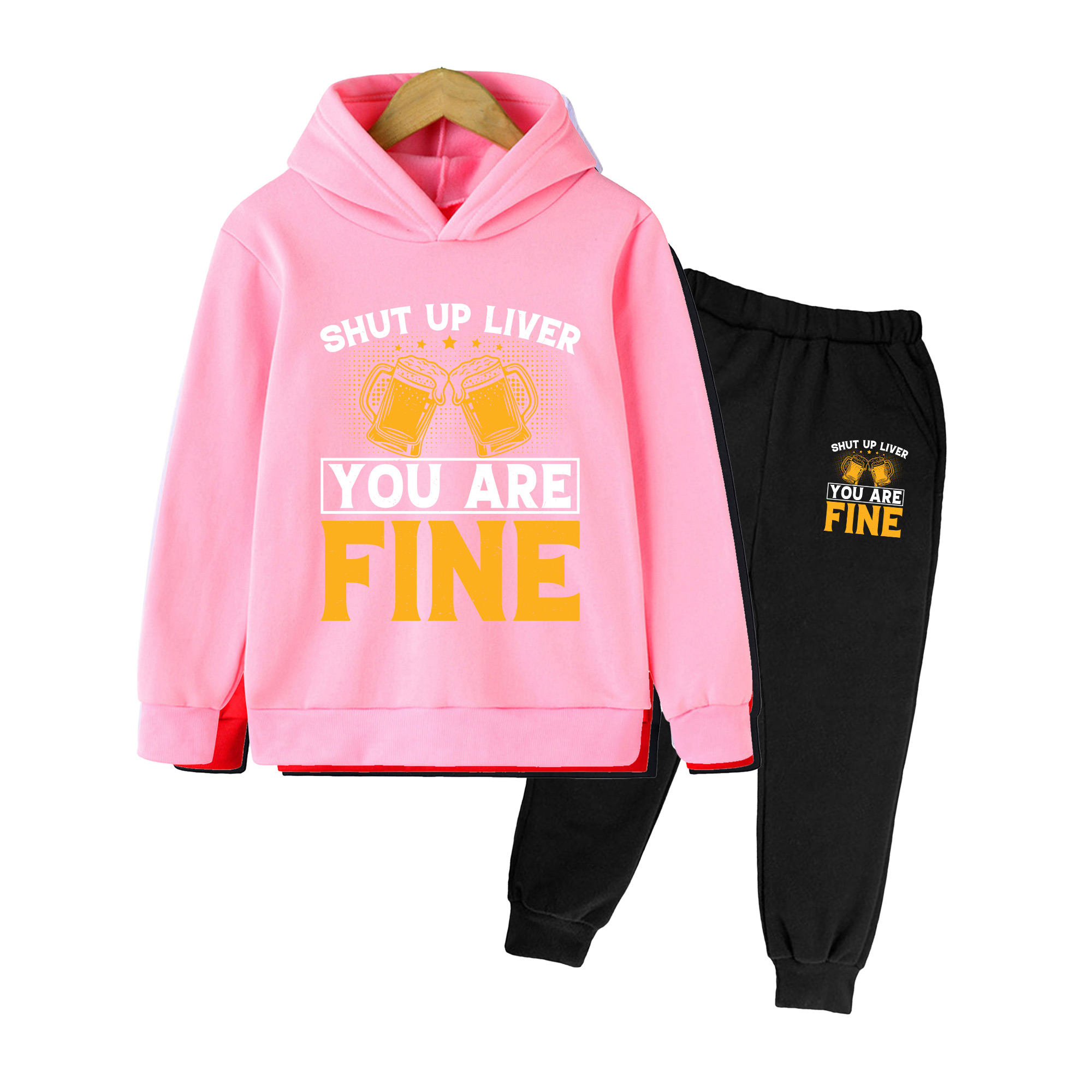 Yellow Winter Clothing - キッズ用フーディー＆スウェットパンツセット、黄色いビアトースト柄、男の子と女の子の普段着やパーティー用カジュアルウェア