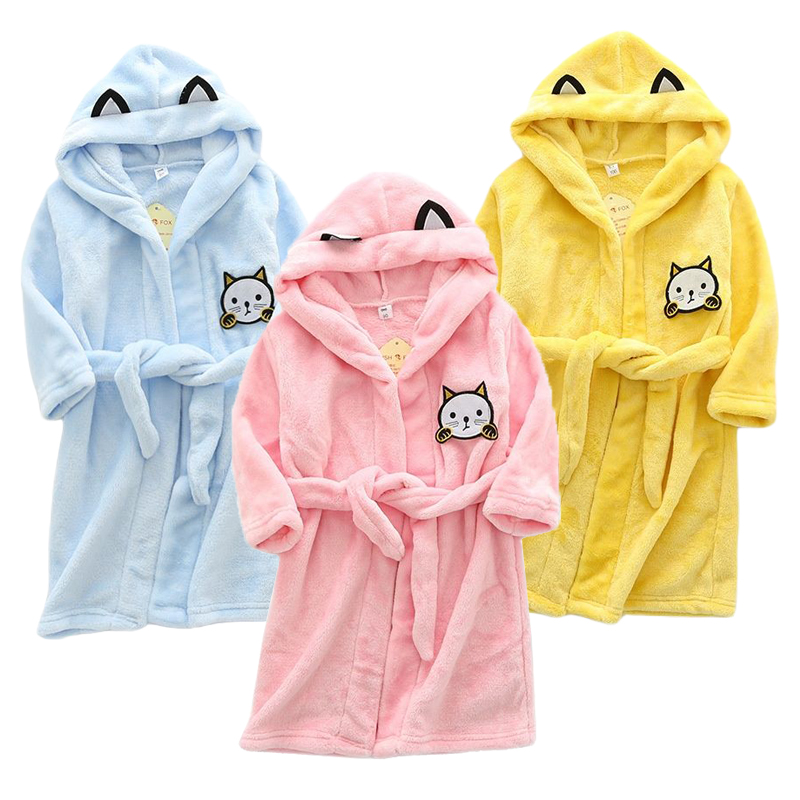 Winter Clothing Baby Girl - 子供の漫画猫ローブ新しい冬の女の赤ちゃんバスローブパジャマローブ子供のためのフランネルフード付きパジャマ男の子ホームウェア服