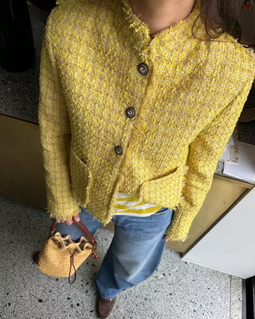 Yellow Winter Clothing - 秋冬新エレガントなウールコート女性のためのタッセルデザインファッショナブルな O ネック甘いイエローツイードジャケット韓国スタイルコート