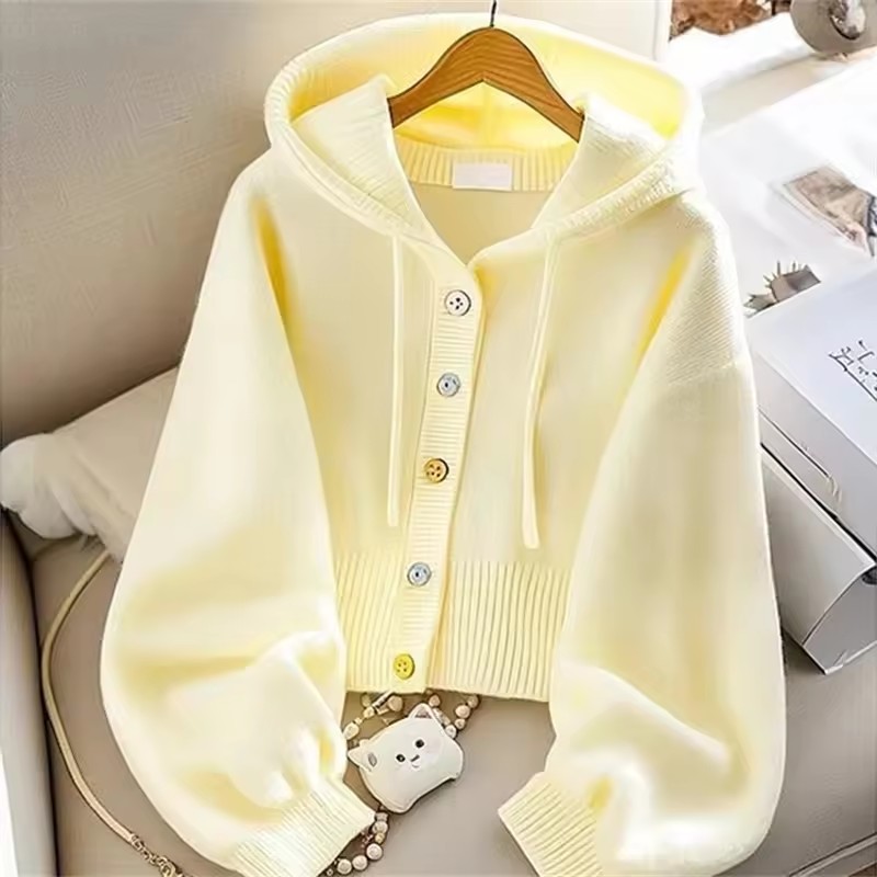 Yellow Winter Clothing - ファッションフード付きニットセーター女性の秋冬新明るい黄色カーディガントップルーズシックな女性ジャンパー韓国カジュアル生き抜く