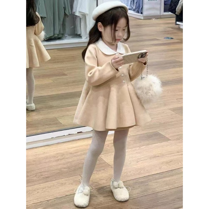 Yellow Winter Clothing - 韓国子供服2025秋冬新作スイートミルクイエロー人形襟ニットワンピース女の子セーターカーディガンスカート
