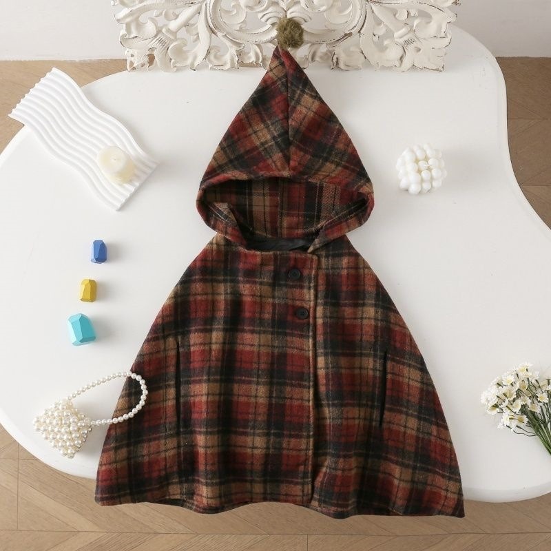 Winter Clothing Baby Girl - 女の子用チェック柄ケープ 子供用コート 可愛い女の子用アウター 暖かい冬用ウールコート 子供服 ベビー服