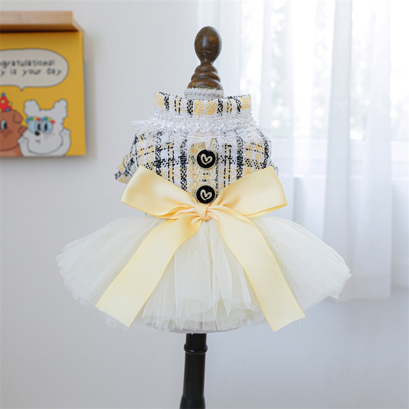 Yellow Winter Clothing - 犬のための黄色のリボンドレス,ペットのスカート,フレンチブルドッグのオーバーオール,甘い夢の王女,格子,暖かい猫の服,秋
