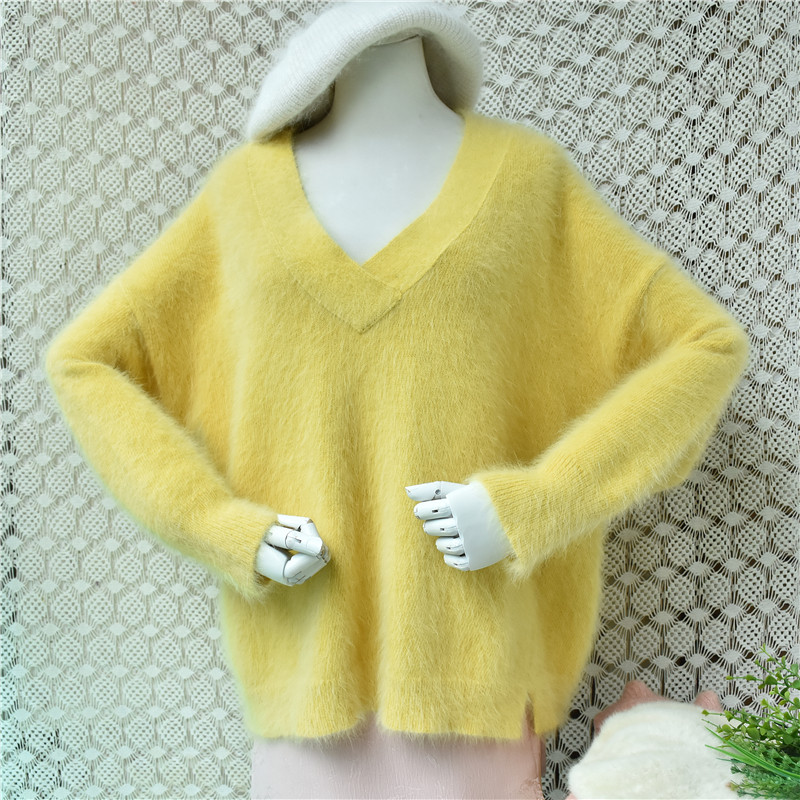 Yellow Winter Clothing - 女性用秋冬服 黄色の毛深いアンゴラウサギ毛 Vネック 長袖 ルーズ プルオーバー
