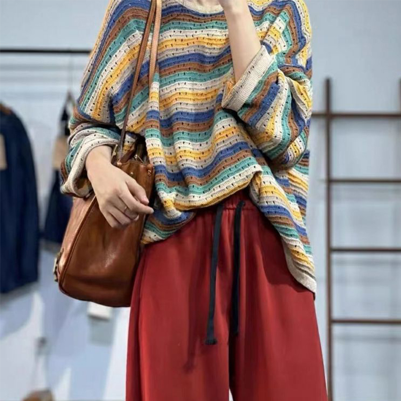 Yellow Winter Clothing - 春の女性のストライプ長袖セーター中空アウトカラフルな特大プルオーバーファッションカジュアルオールマッチニット服黄色