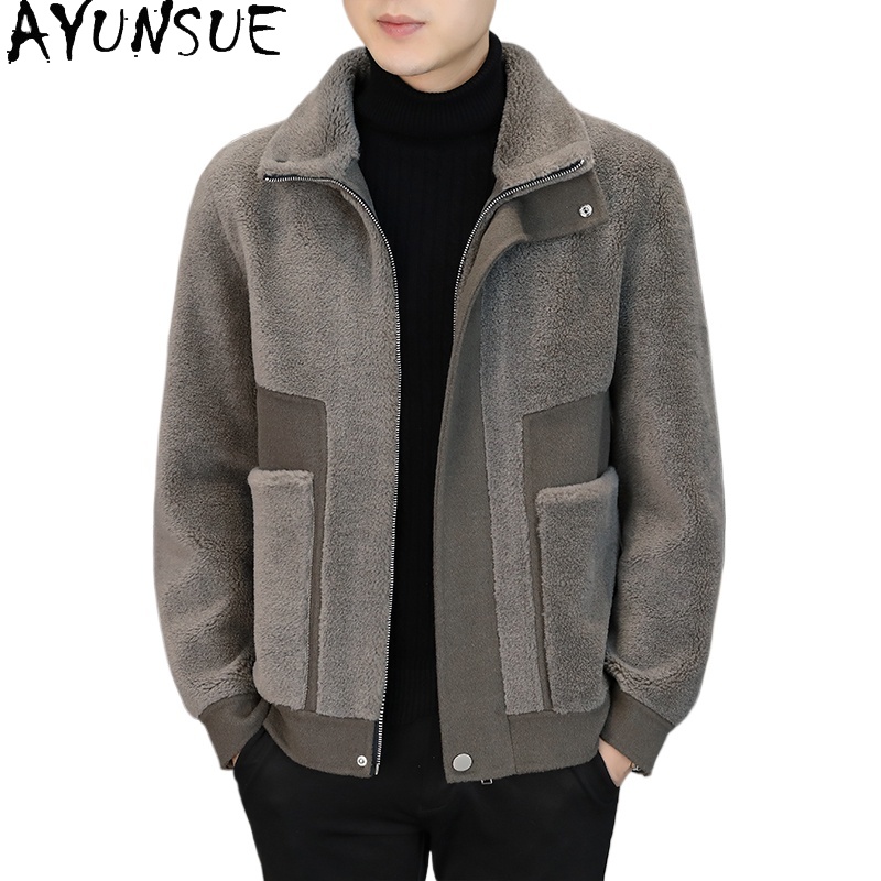 Winter Clothing Men Style - AYUNSUE 冬 100% ウールコート男性服カジュアル暖かい羊の毛刈りジャケット韓国スタイルショートウールコートとジャケット