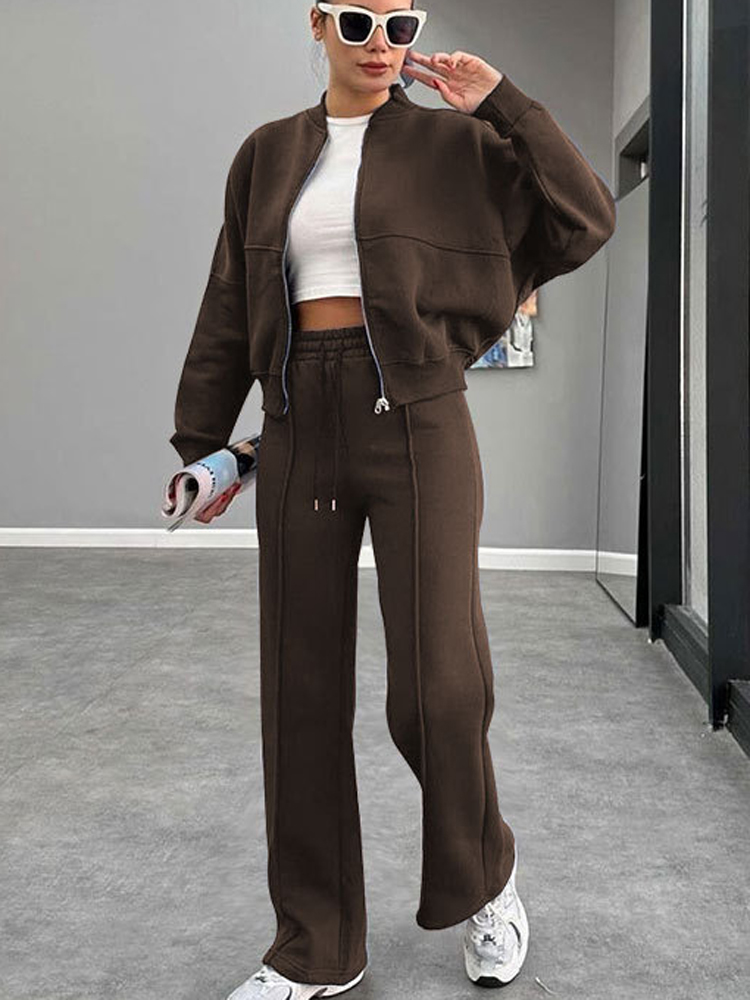 Winter Clothing Matching - FSMG カジュアルスウェットシャツパンツセットソリッドジッパージャケットルーズハイウエストレースアップ弾性ウエストパンツスーツスポーツウェア 2 ピース