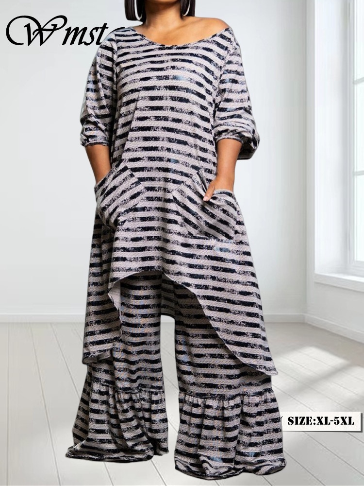 Winter Clothing Wholesale - Wmstar-女性用長袖トップスとパンツセット,ストライプマッチング,ラージサイズ,2ピース衣類,卸売,直送,2024