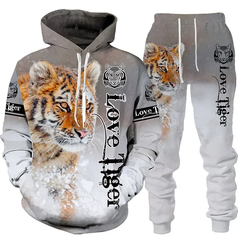 Winter Clothing Men Style - 新しい動物 3D タイガープリントパーカー + パンツスーツクール男性/女性 2