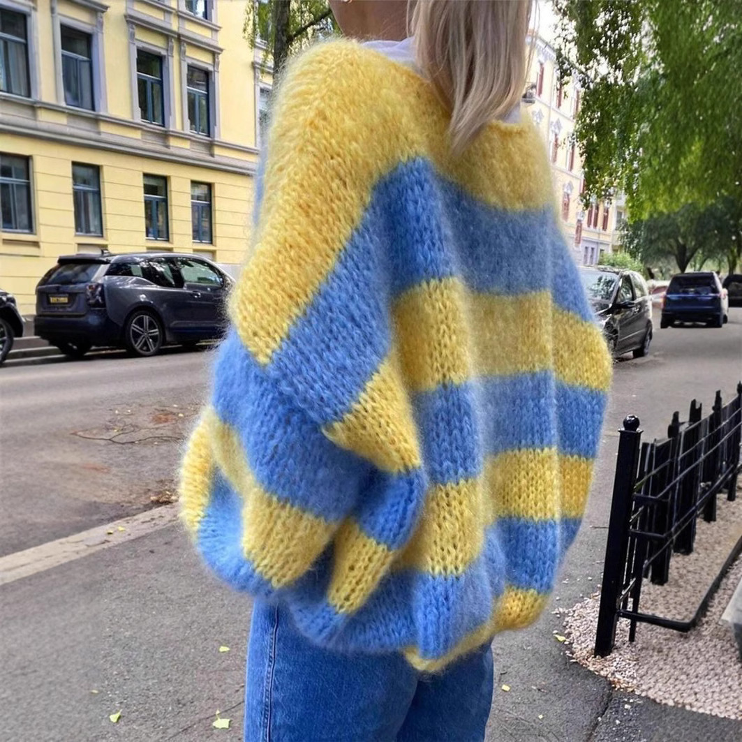Yellow Winter Clothing - カジュアルな青と黄色のストライプニットプルオーバー、女性用ルーズシンプルセーター、快適なニットプルオーバー、コントラストストライプニットウェア