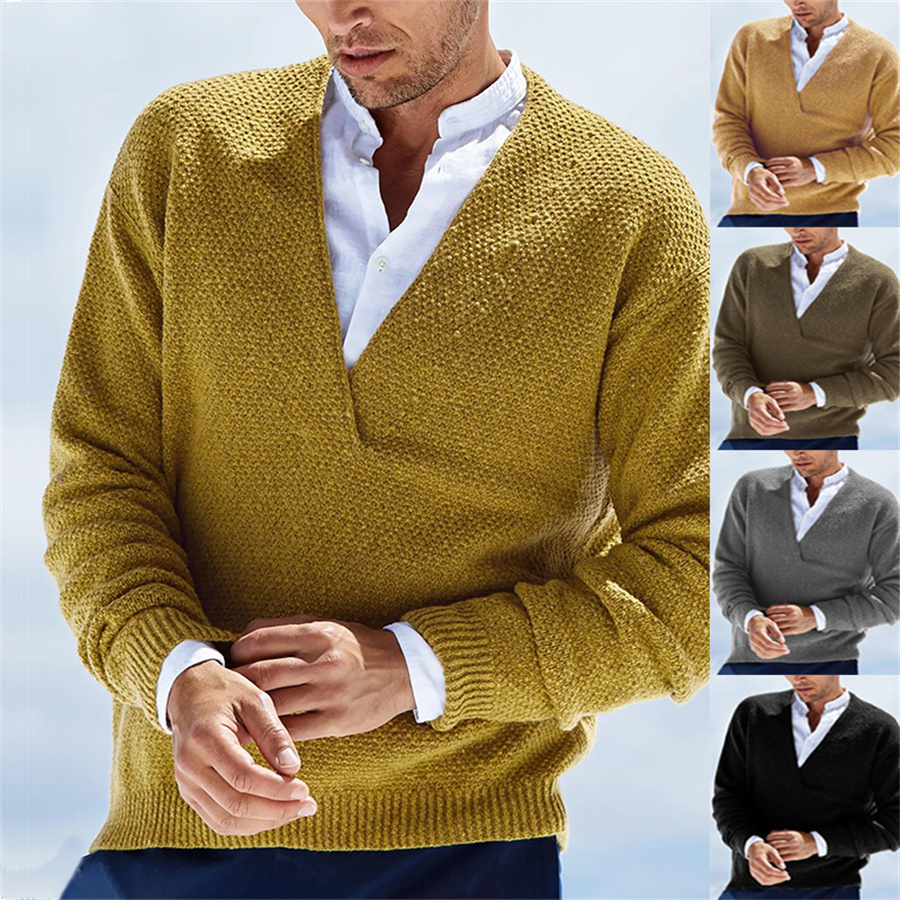 Yellow Winter Clothing - 秋冬メンズセーターニット V ネックプルオーバー長袖ソリッドニットメンズ暖かいジャンパー服黄色ストリートウェア