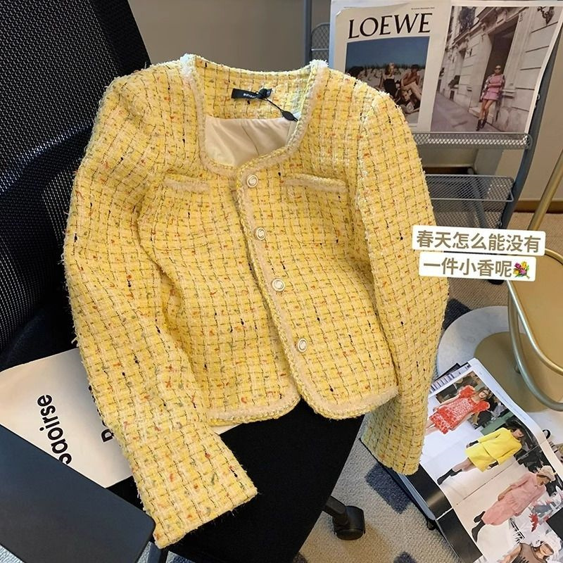 女性ジャケット春秋の新イエローツイード小さなフレグランスコー - Yellow Winter Clothing のレビューと価格