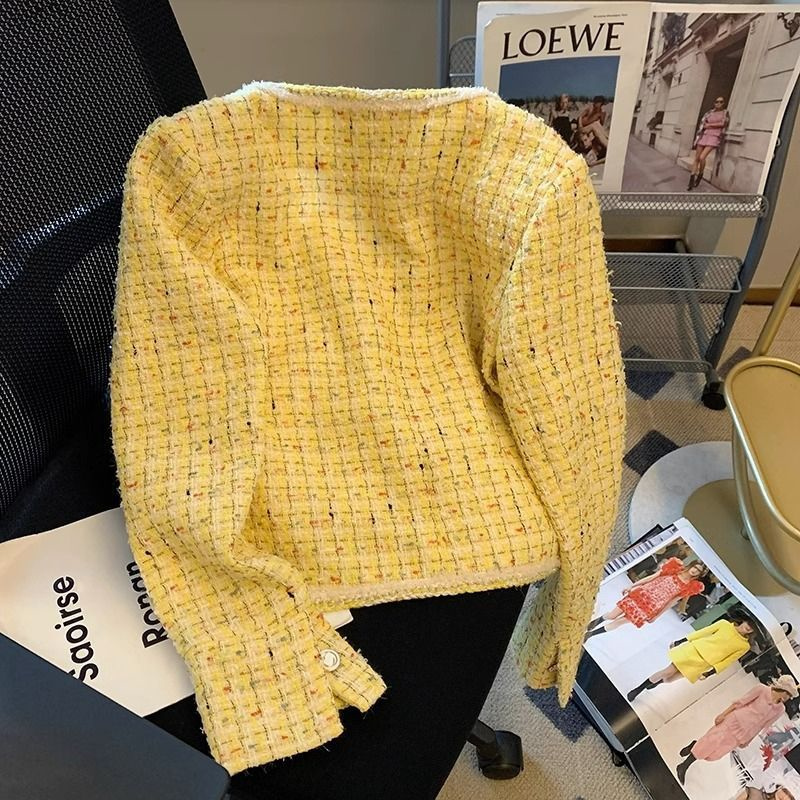 女性ジャケット春秋の新イエローツイード小さなフレグランスコー - Yellow Winter Clothing のレビューと価格
