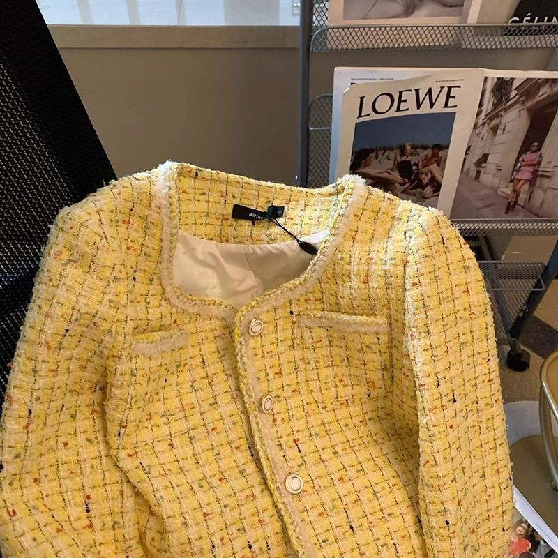 女性ジャケット春秋の新イエローツイード小さなフレグランスコー - Yellow Winter Clothing のレビューと価格