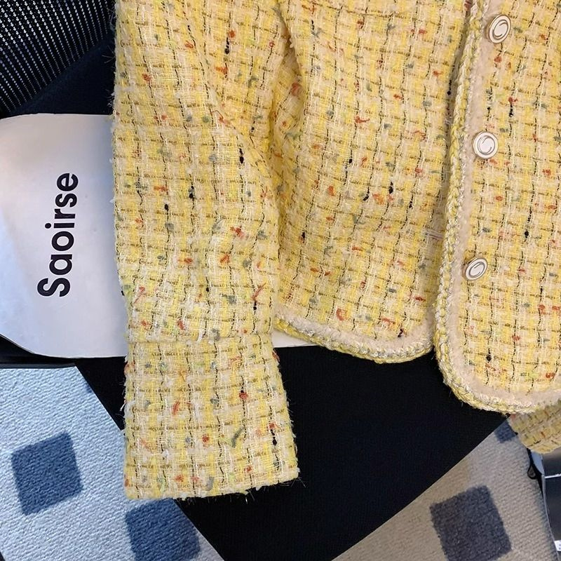 女性ジャケット春秋の新イエローツイード小さなフレグランスコー - Yellow Winter Clothing のレビューと価格