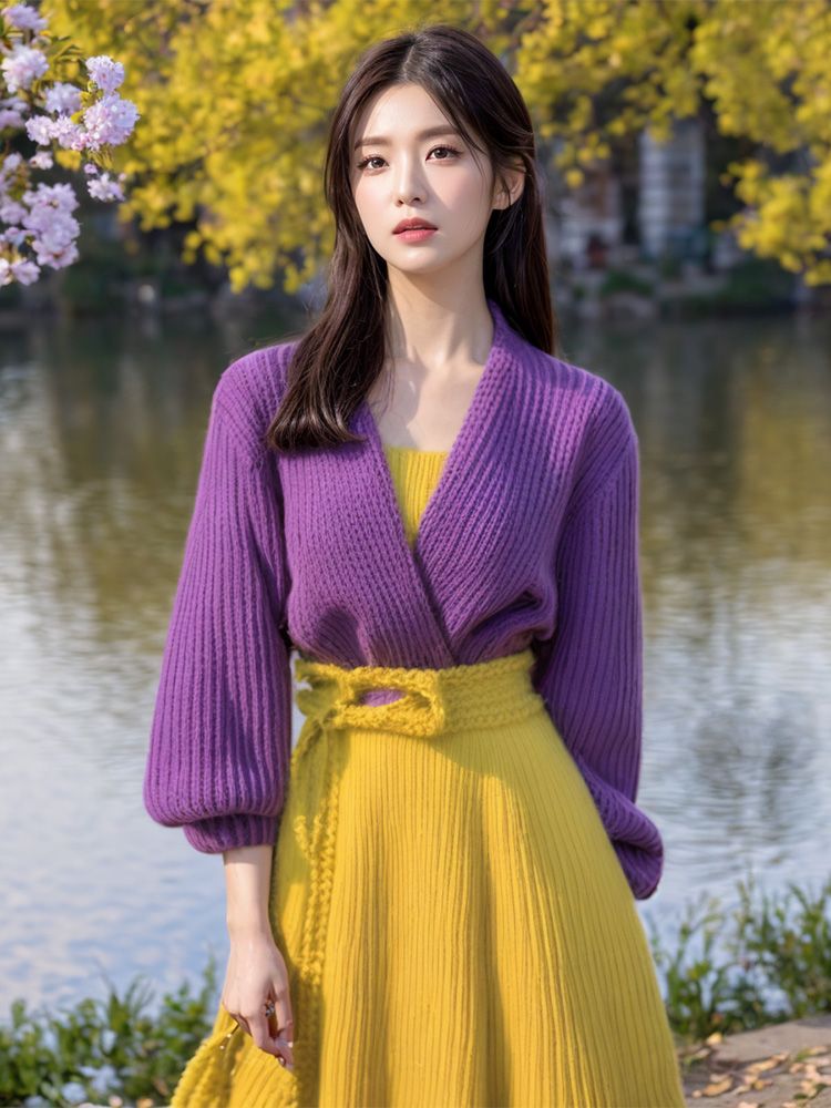 パープルスプライシングイエロー足首までの長さのセータードレス - Yellow Winter Clothing のレビューと価格