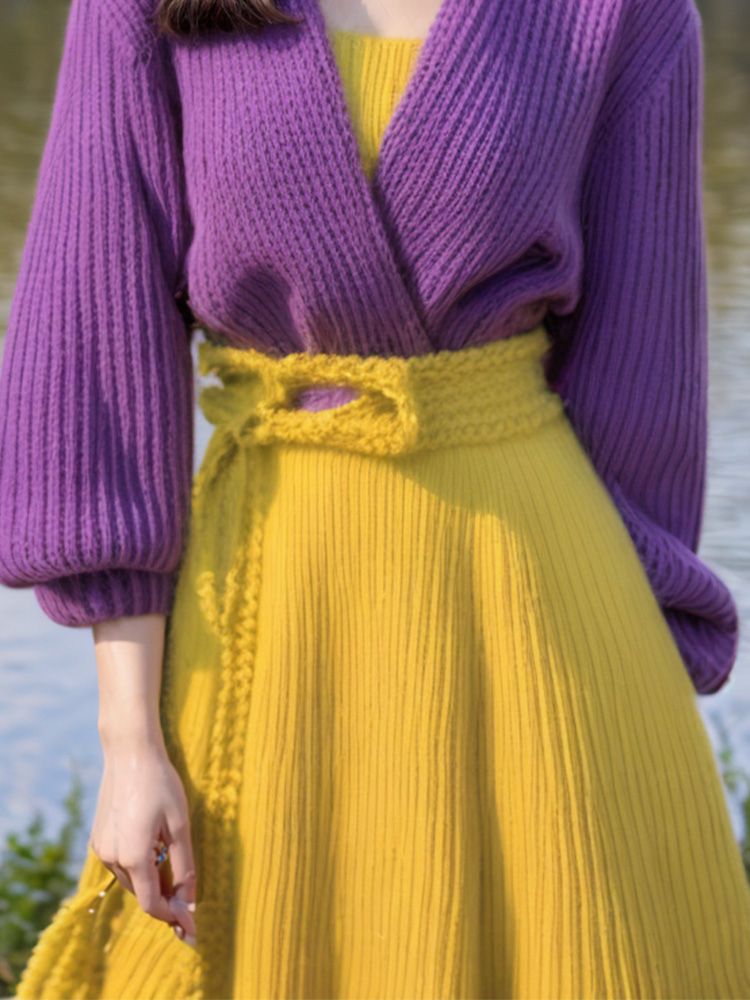 パープルスプライシングイエロー足首までの長さのセータードレス - Yellow Winter Clothing のレビューと価格