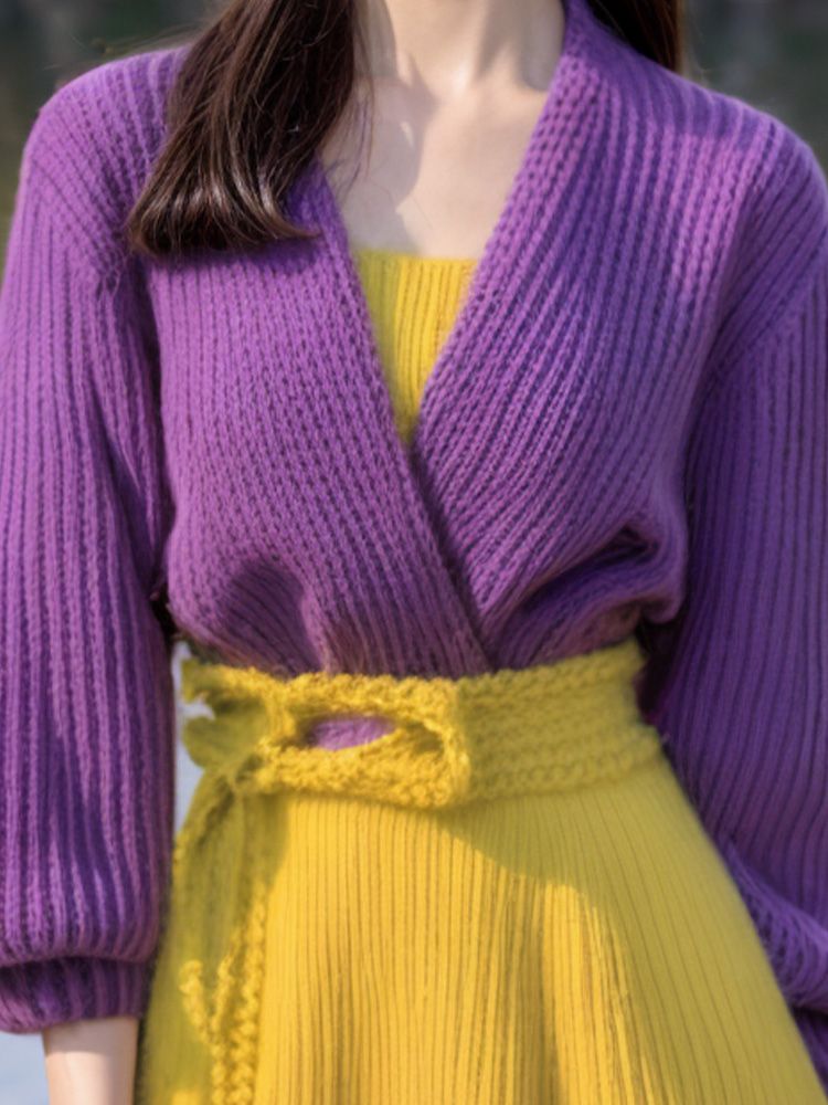 パープルスプライシングイエロー足首までの長さのセータードレス - Yellow Winter Clothing のレビューと価格