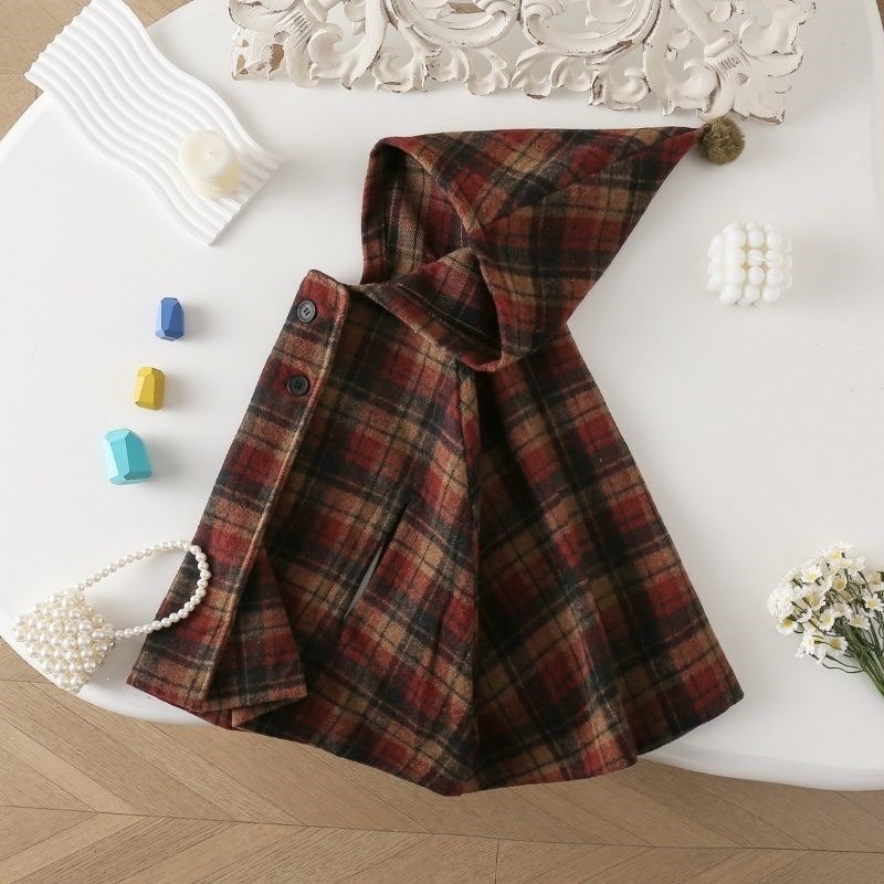 女の子用チェック柄ケープ 子供用コート 可愛い女の子用アウタ - Winter Clothing Baby Girl のレビューと価格