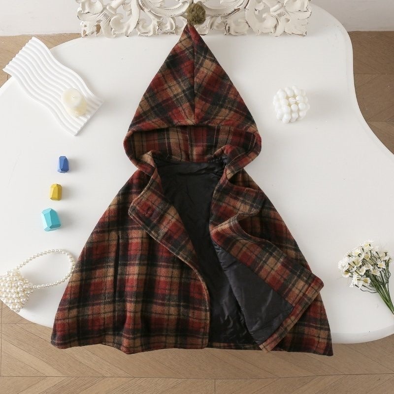 女の子用チェック柄ケープ 子供用コート 可愛い女の子用アウタ - Winter Clothing Baby Girl のレビューと価格