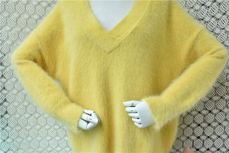 女性用秋冬服 黄色の毛深いアンゴラウサギ毛 Vネック 長袖  - Yellow Winter Clothing のレビューと価格