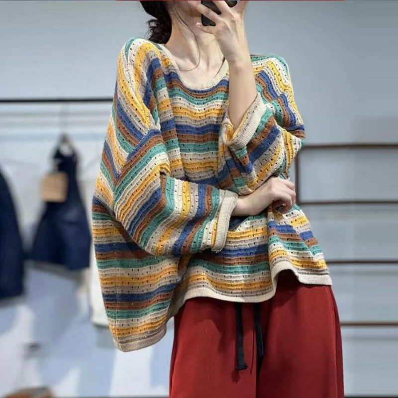 春の女性のストライプ長袖セーター中空アウトカラフルな特大プル - Yellow Winter Clothing のレビューと価格