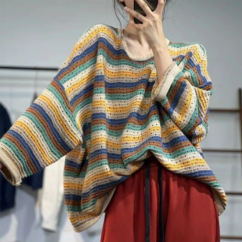 春の女性のストライプ長袖セーター中空アウトカラフルな特大プル - Yellow Winter Clothing のレビューと価格