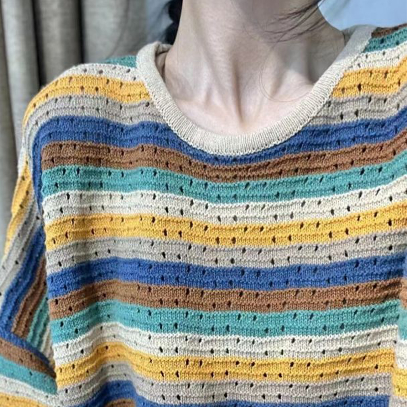 春の女性のストライプ長袖セーター中空アウトカラフルな特大プル - Yellow Winter Clothing のレビューと価格