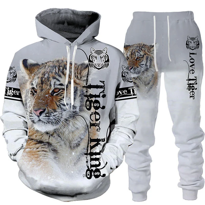 新しい動物 3D タイガープリントパーカー + パンツスーツ - Winter Clothing Men Style のレビューと価格