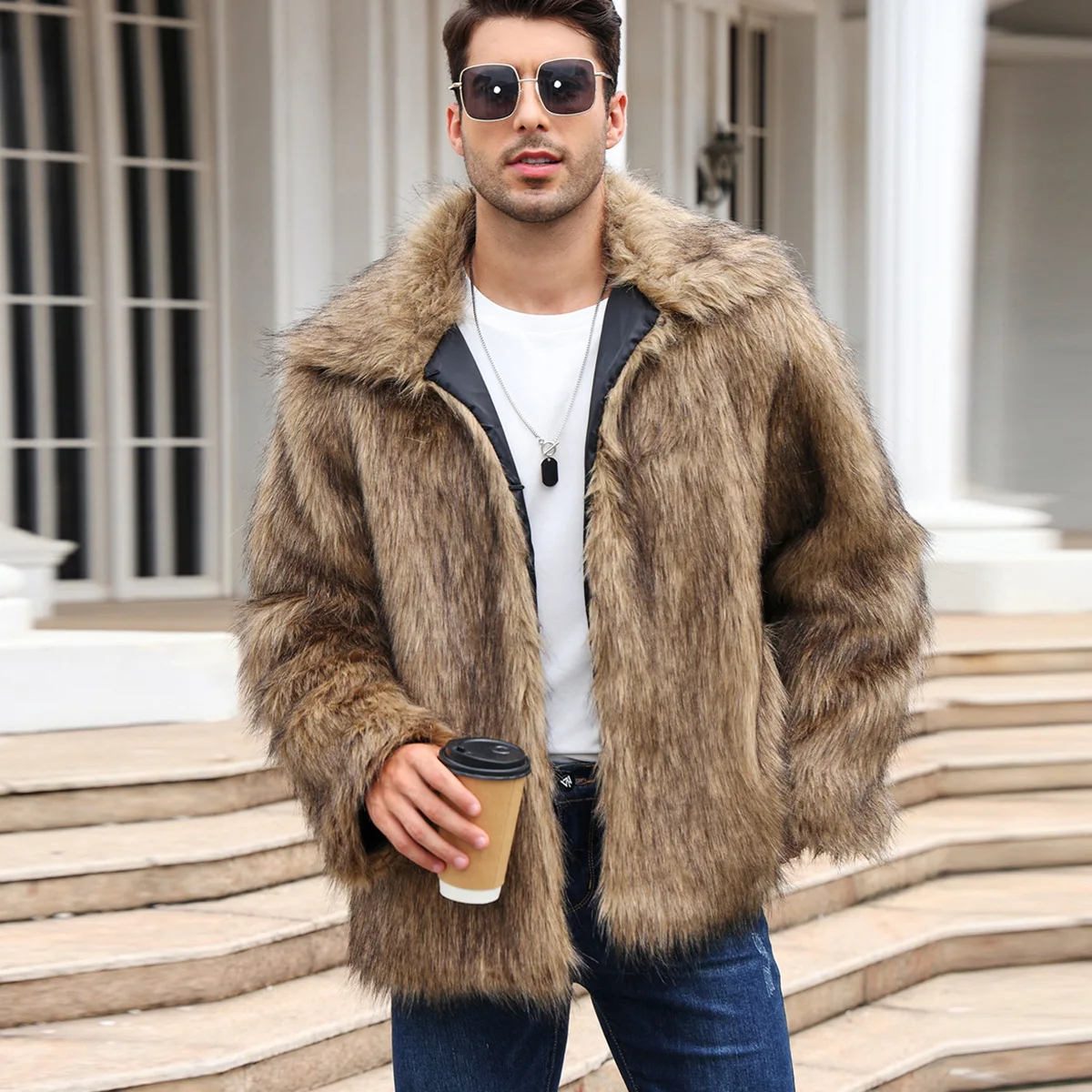 男性フェイクフォックスファージャケットコート冬厚いふわふわ長 - Winter Clothing Matching のレビューと価格