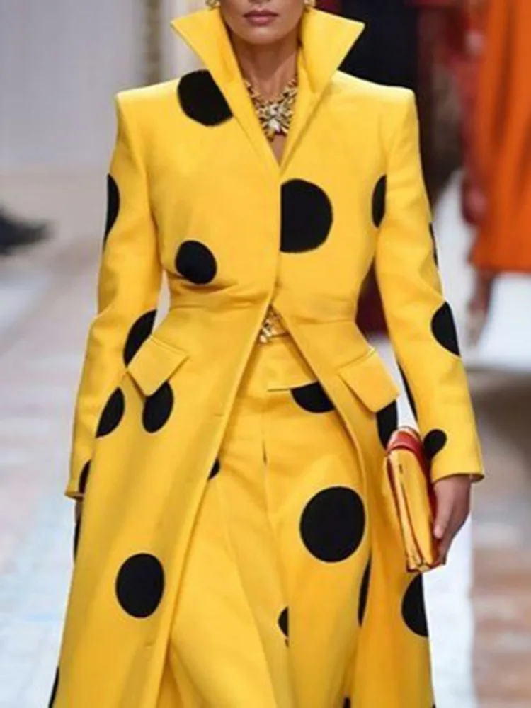 Gymystars 水玉模様のウールコート女性のロングジャケ - Yellow Winter Clothing のレビューと価格