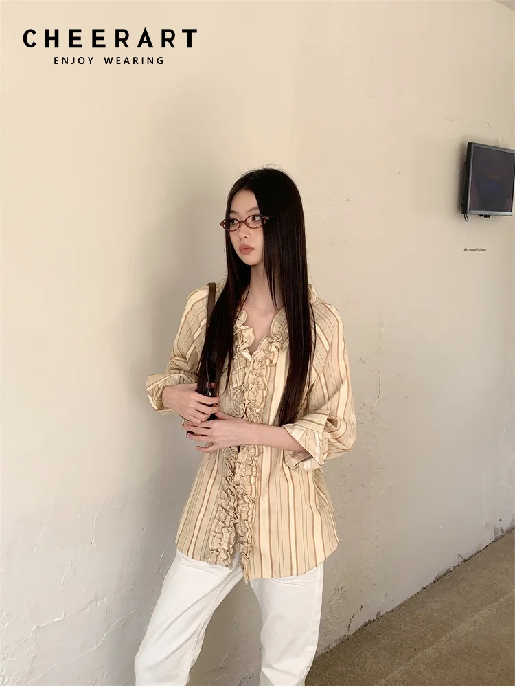 Cheerart-女性用の黄色のストライプのデザイナーシャツ - Yellow Winter Clothing のレビューと価格